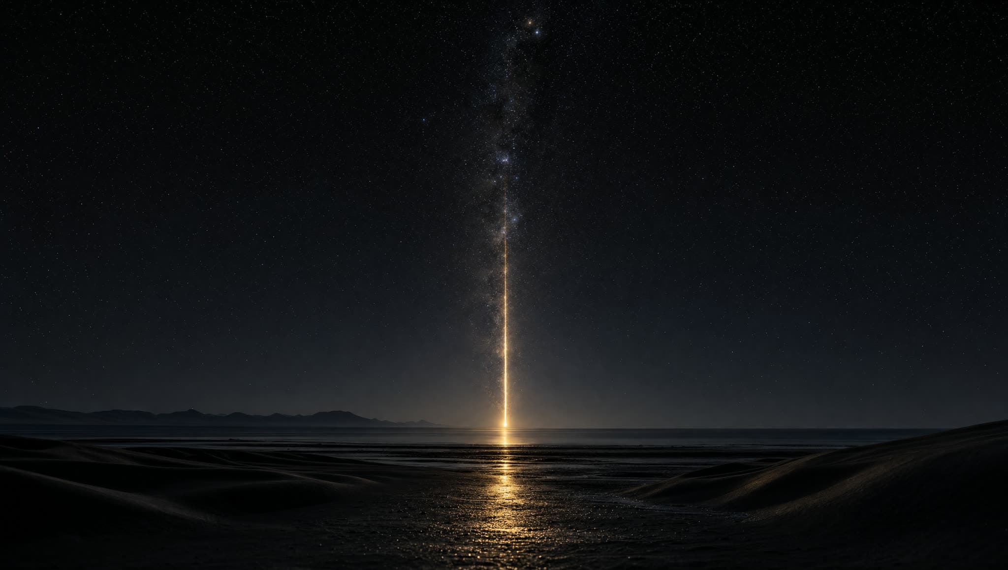 Columna vertical de luz dorada ascendiendo del desierto costero peruano hacia la Vía Láctea en noche profunda