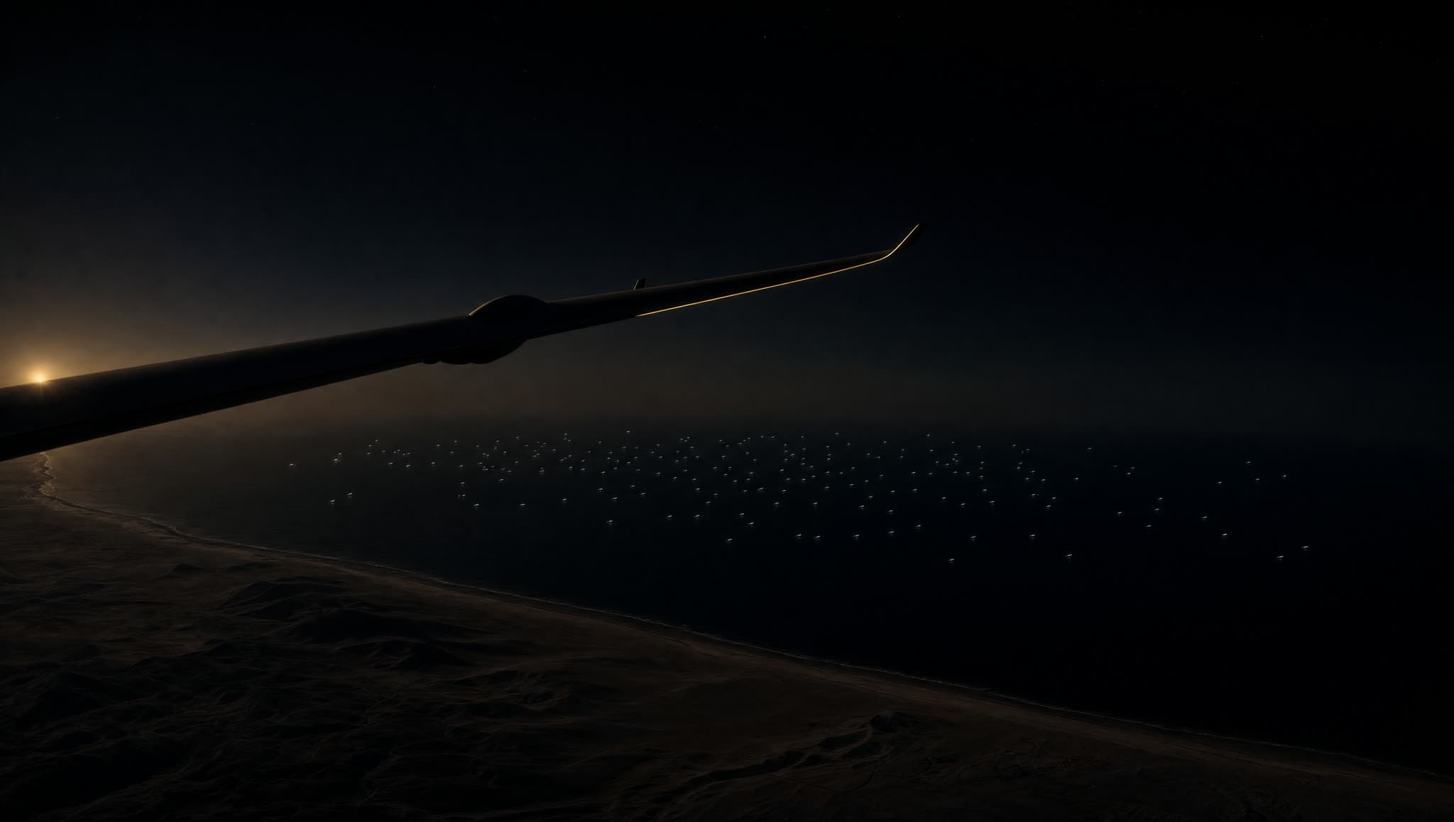 Ala de dron autónomo de gran altitud sobre el Pacífico nocturno, con las luces de una flota pesquera abajo
