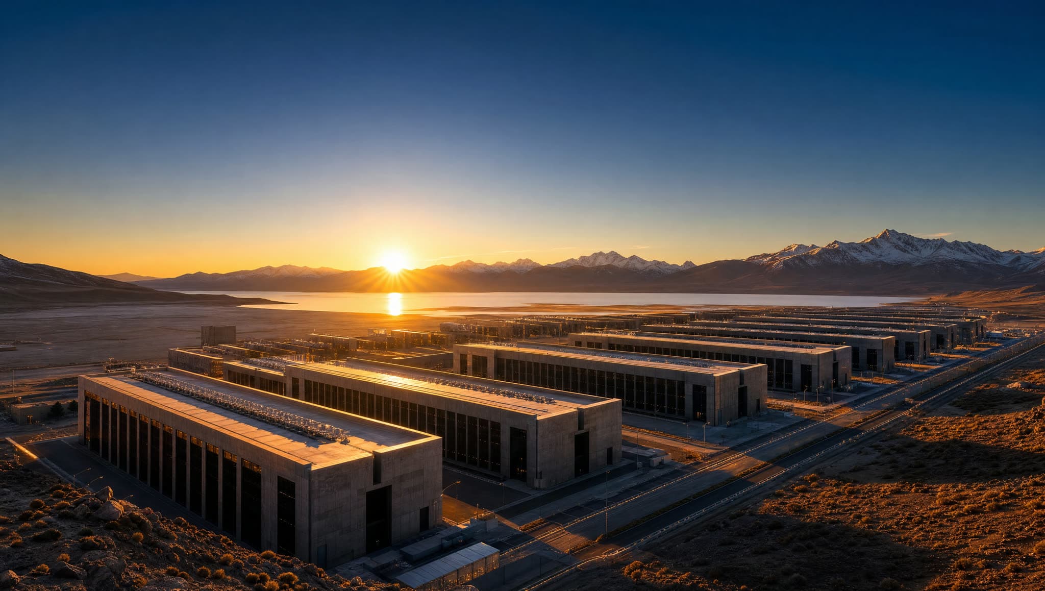 Datacenter de frontera en altiplano andino con vanos iluminados y cordillera