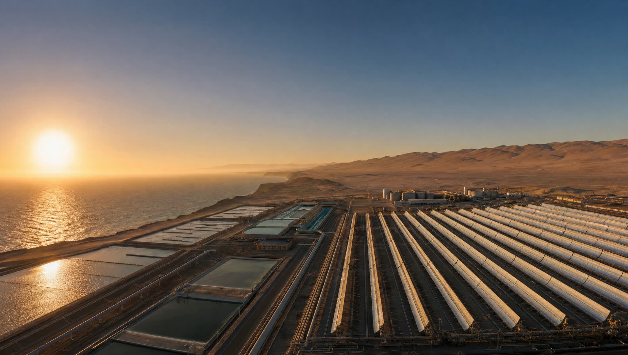 Infraestructura hídrica Pacífico — hero cinematográfico (Desalación termo-solar + AWG distribuido + recirculación industrial obligatoria)