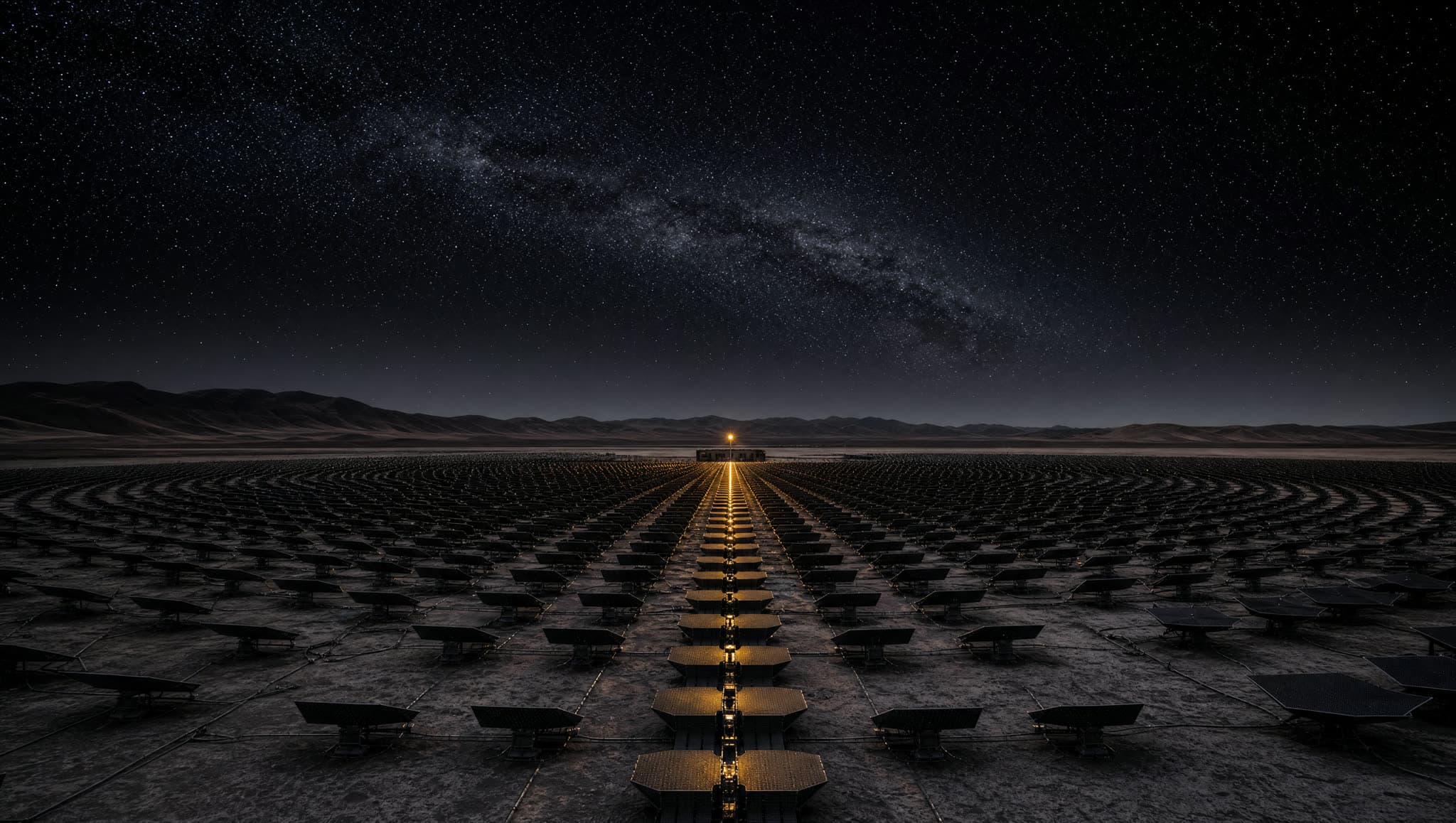 Infraestructura orbital — hero cinematográfico (Datacenters orbitales + SBSP + haz dirigido a estaciones receptoras terrestres)