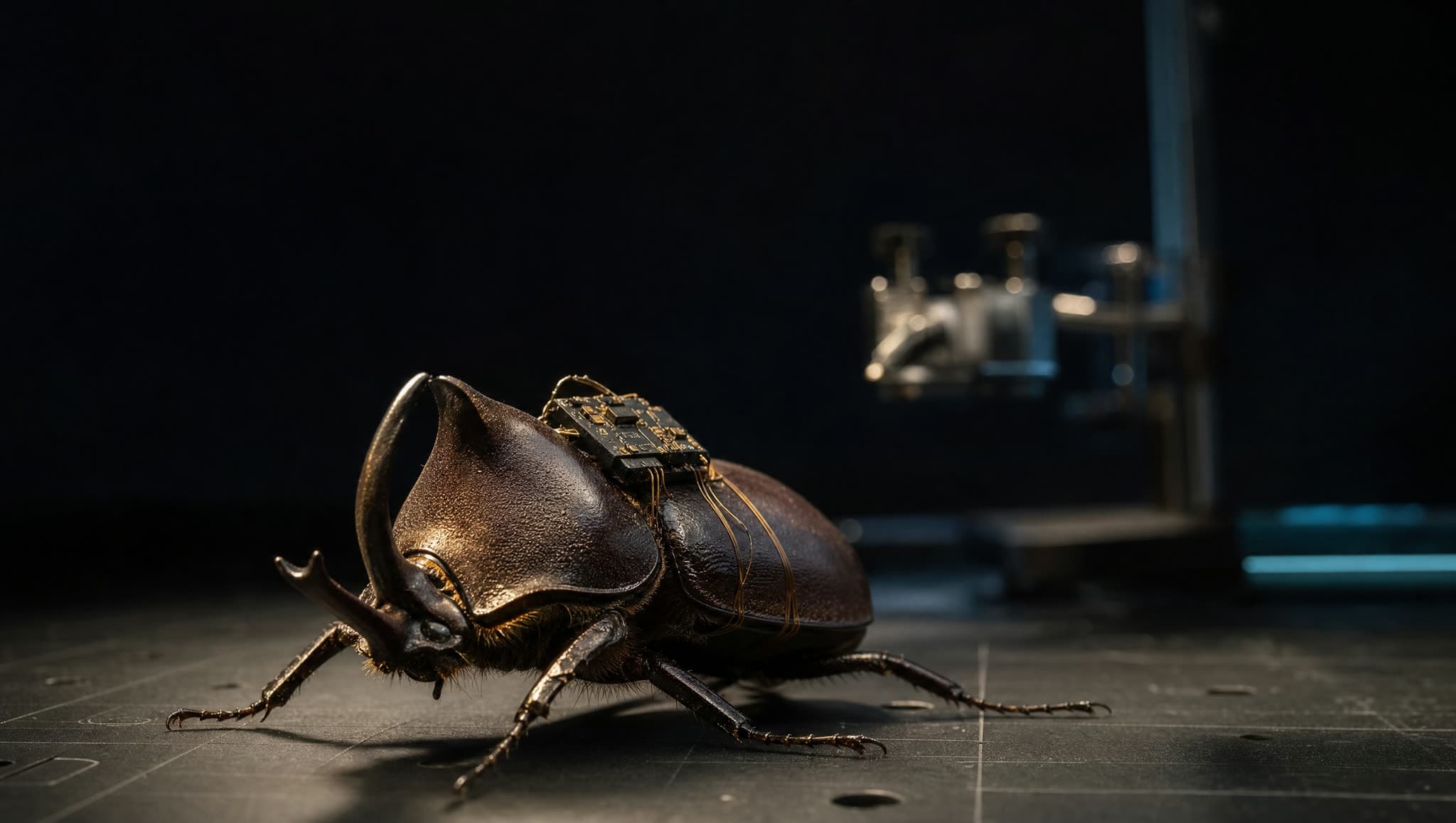 Plataformas insectoide-electrónicas — hero cinematográfico (Plataformas insectoide-electrónicas + IA en el borde · ISR donde el dron convencional falla)