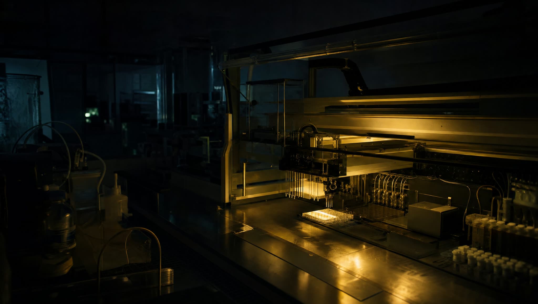 Bio-foundry distribuido — hero cinematográfico (Microfluídica + sample-prep robótico + biomarcadores continuos · Loop cerrado bajo agente IA)