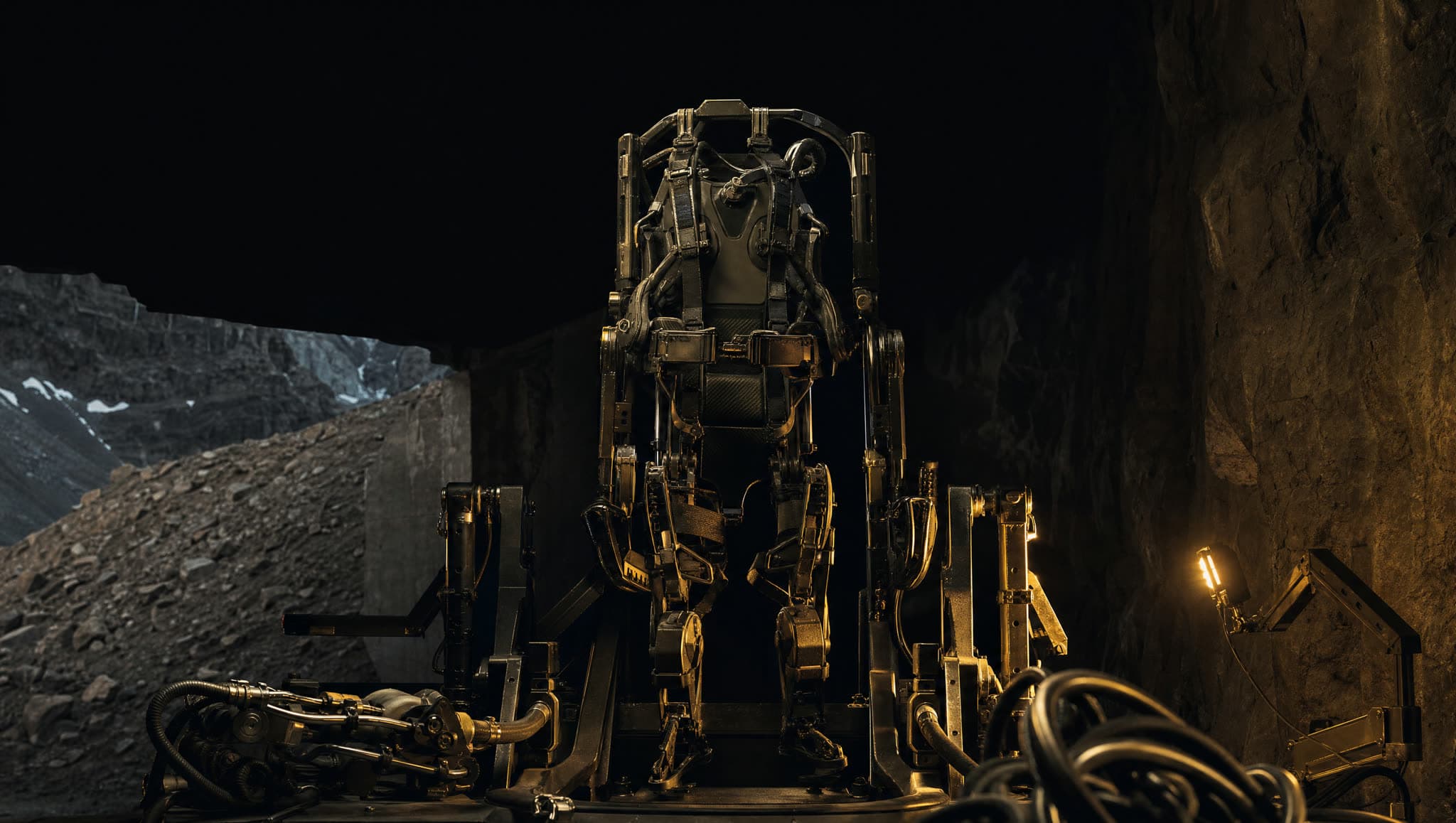 Exoesqueletos de carga — hero cinematográfico (Cordillera + desierto + alta montaña · 80-200 kg sobre operador · Regulación térmica para gradientes extremos)