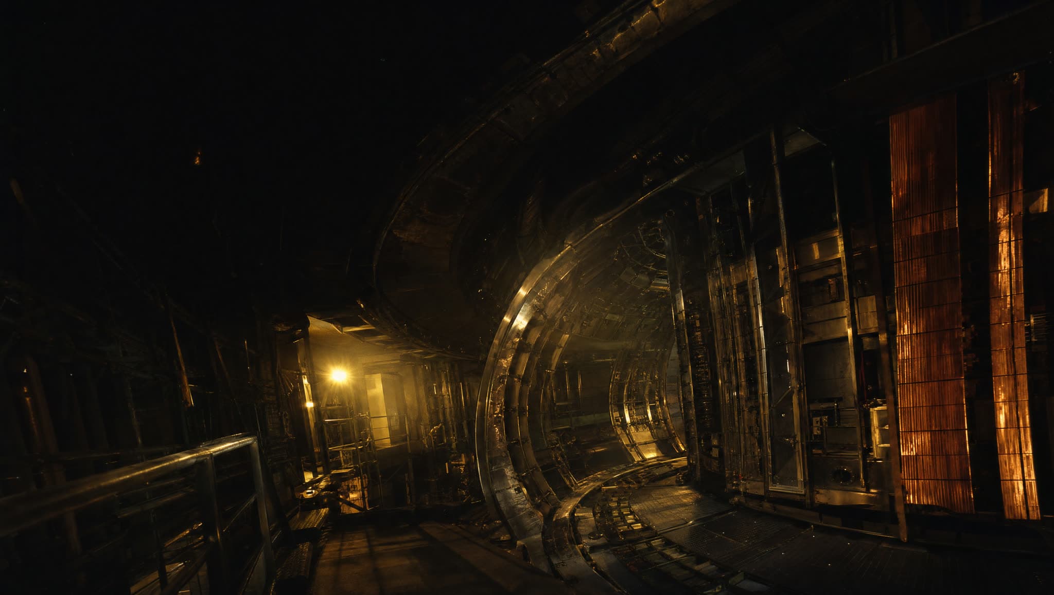 Fusión nuclear — hero cinematográfico (1 vehículo tokamak de campo alto clase SPARC + célula de monitoreo · equivalente CFS · INVAP/UNI)