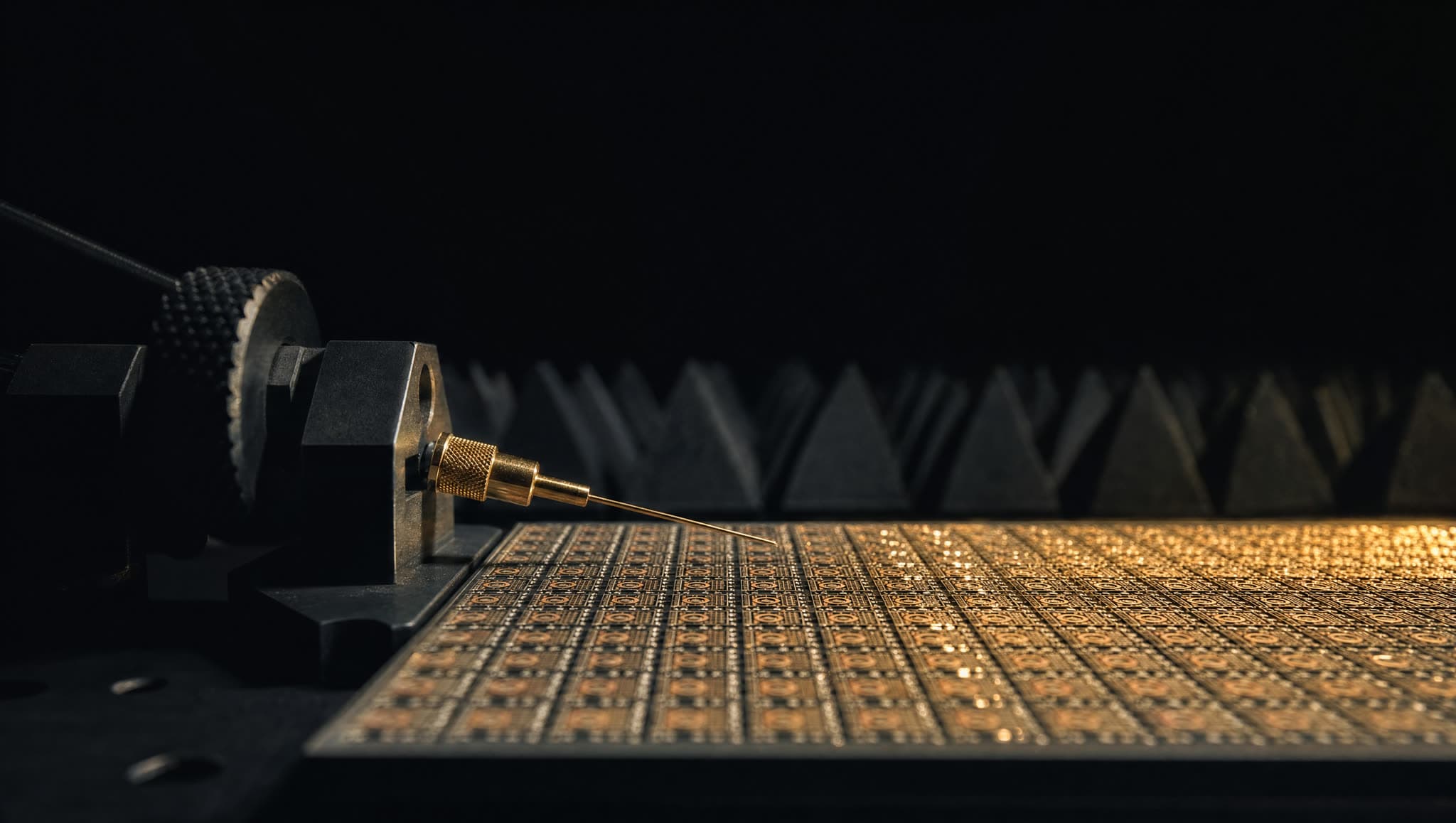Metamateriales — hero cinematográfico (RF/microwave + óptico + acústico/mecánico · 3 startups · Echodyne/Metalenz/auxéticos)
