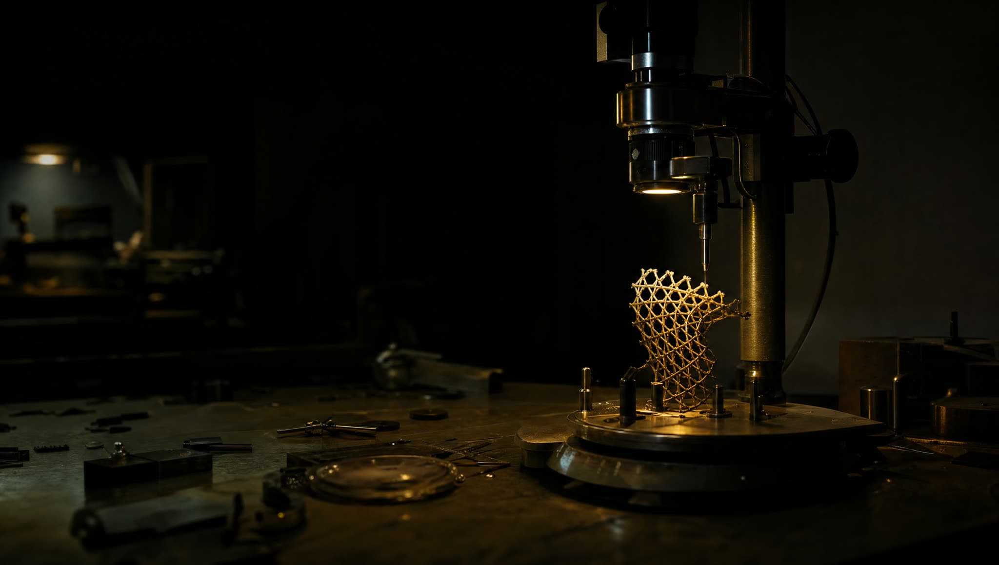 Materia programable — hero cinematográfico (Modular robotics + 4D printing + DNA origami · 3 startups + 1 lab molecular)
