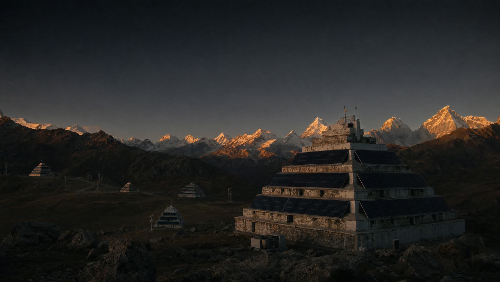 Pirámide escalonada blanca recién construida en alta cordillera andina