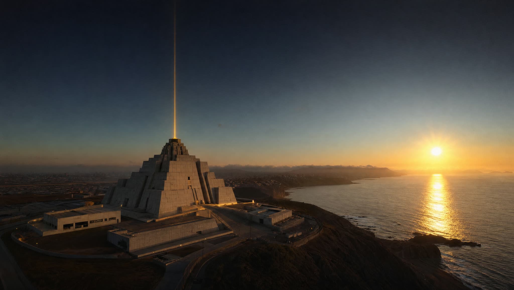 Inti Morro Solar — pirámide blanca con haz vertical sobre acantilado del Pacífico